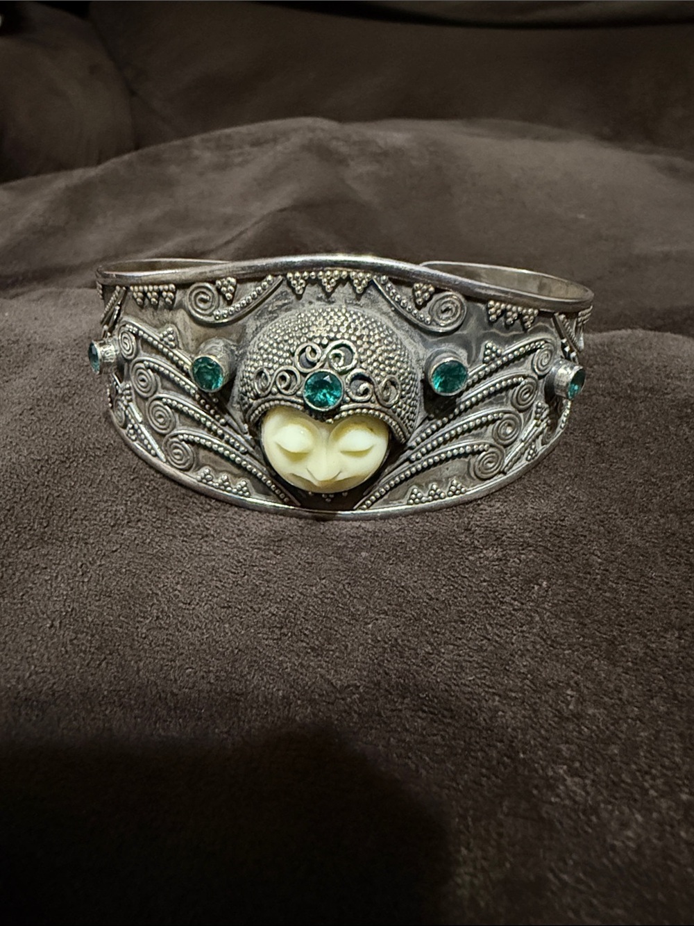 Silver sterling moon face Cuff Bracelet with Green Gemstone and Ivory Accent
